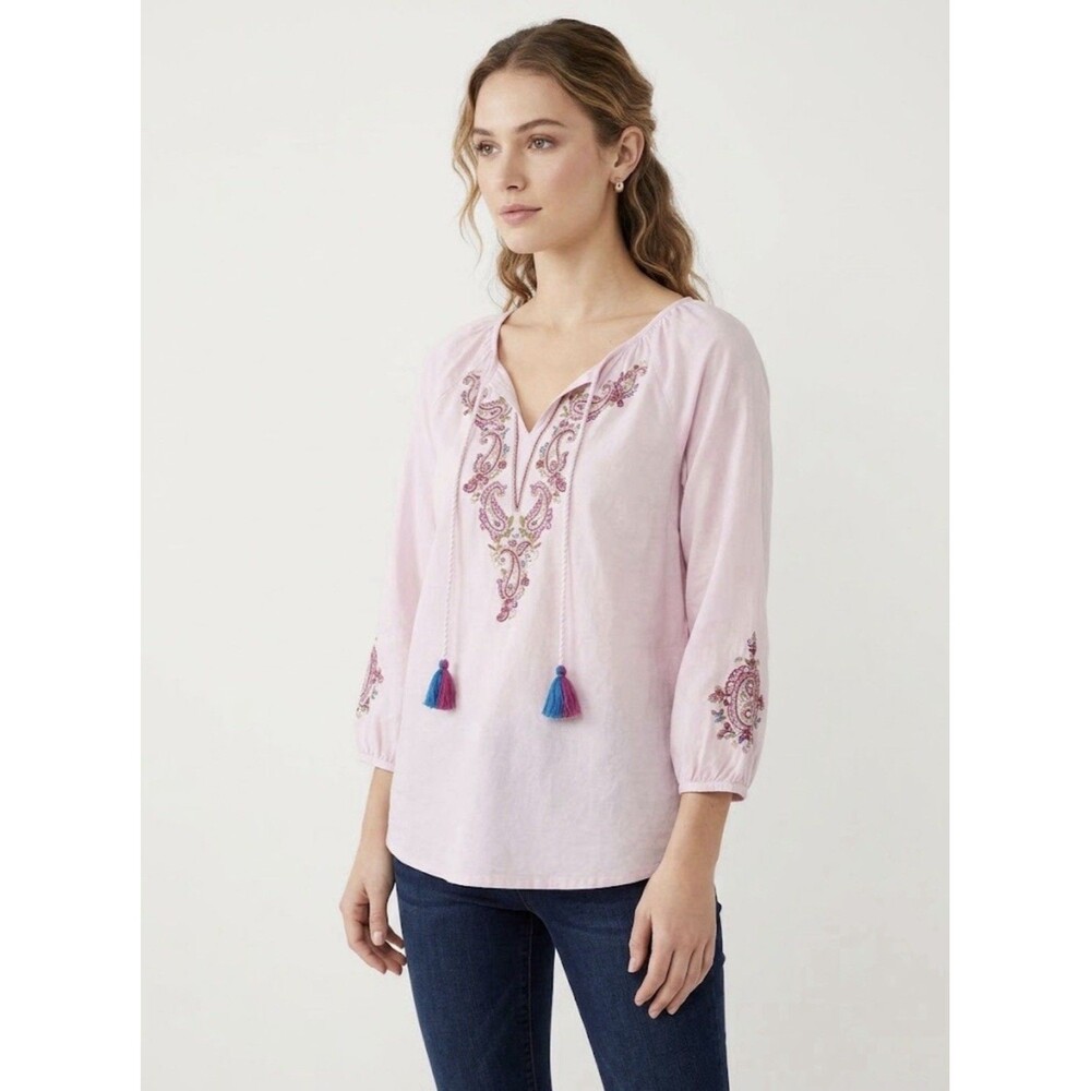 Chico's Peasant Blouse Pink Embroidered Boho Tassel Cotton Coastal Airy Sz 1 M